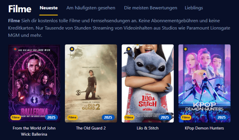 Screenshot der Filmpalast Benutzeroberflaeche die verschiedene Filmtitel und Serienepisoden anzeigt